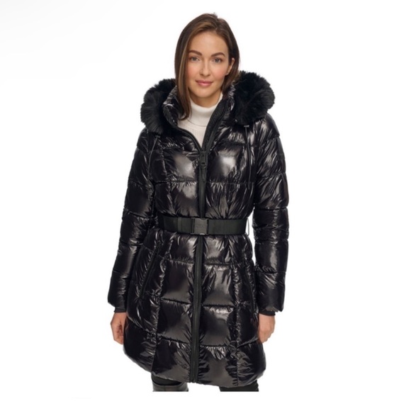 New! DKNY Black Glossy Belted Puffer Coat with Removable Faux Fur Hood - Picture 2 of 16